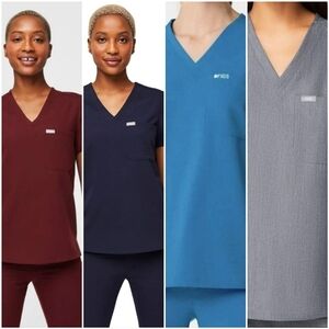 Figs Scrub Tops in Burgundy, Navy, Blue, and Gray 4 Pieces Bundle
